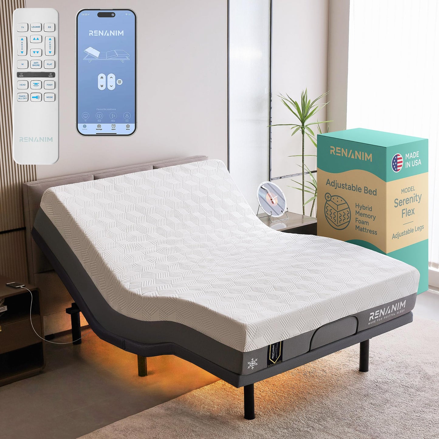 SF Full Size Adjustable Bed Frame with Mattress - 12" Hybrid Memory Foam - Electric Massage - Wireless Remote for Head & Foot Incline - Zero Gravity - Underbed Night Lights & 4 USB Ports