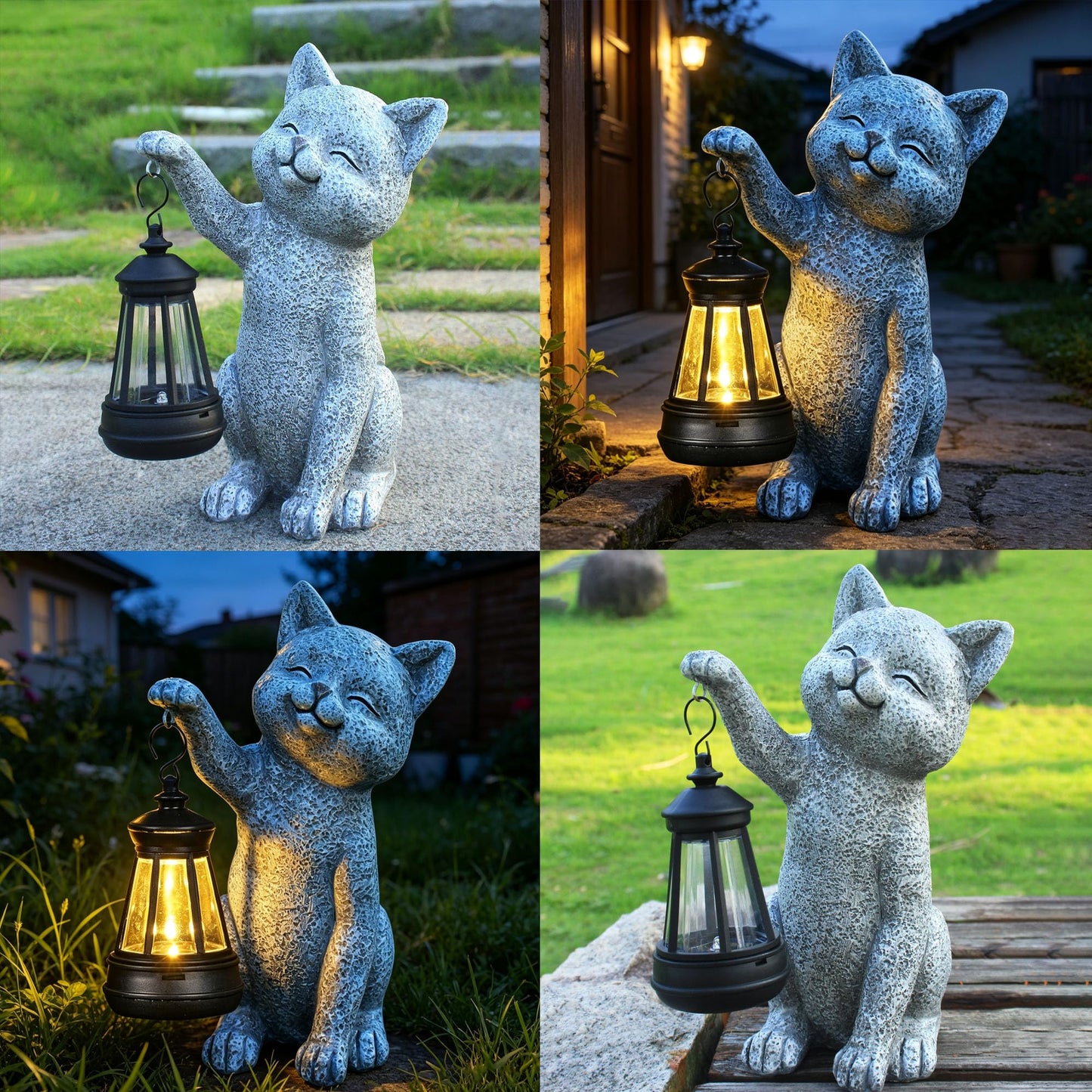 Solar Frog Garden Statue, Resin Figurine with Ladybug & Hanging Solar Lantern Outdoor Decor