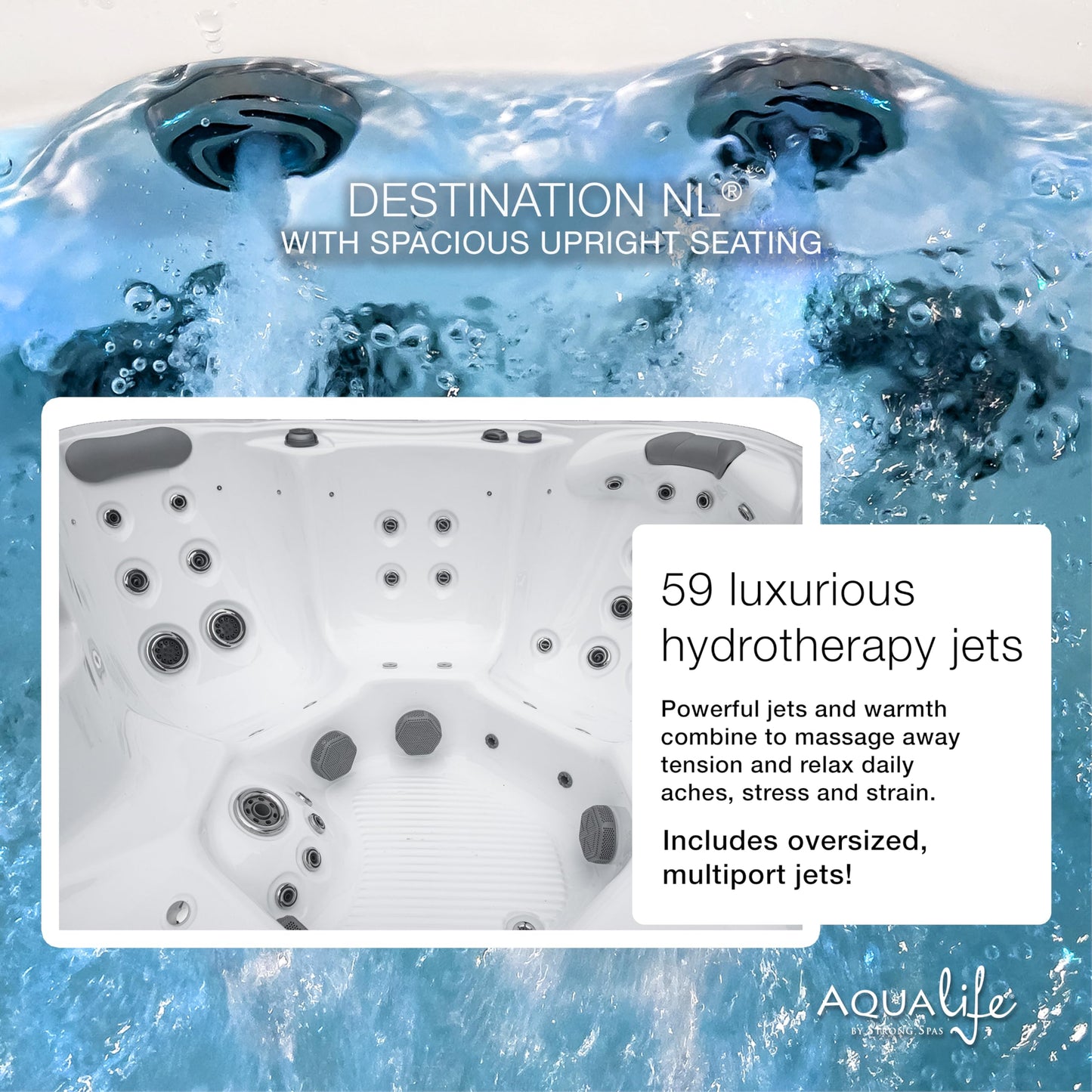 Destination Outdoor Hot Tub, 5-Person 59-Jet 80-Port 4-Pump Lounger Spa with Waterfall Arch and Bluetooth Stereo by Aqualife by Strong Spas