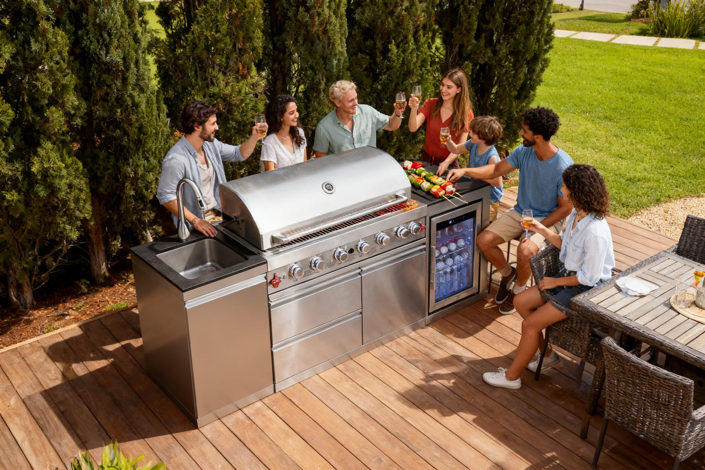 102.4 Inch Outdoor Kitchen Island | 4 Burner Propane Gas BBQ Grill with Sink and Refrigerator, 59500 BTU 304 Stainless Steel, Black (Black, 102.4"')