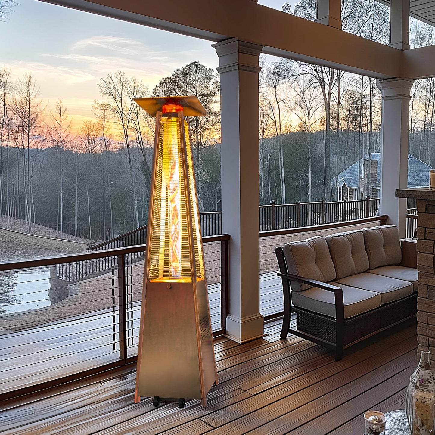 48,000 BTU Flame Pyramid Pool Heater With Cover, Triple Safety Protection Portable Patio Heater with Patio Cover, Warm Glass Tube with Durable Wheels-Black