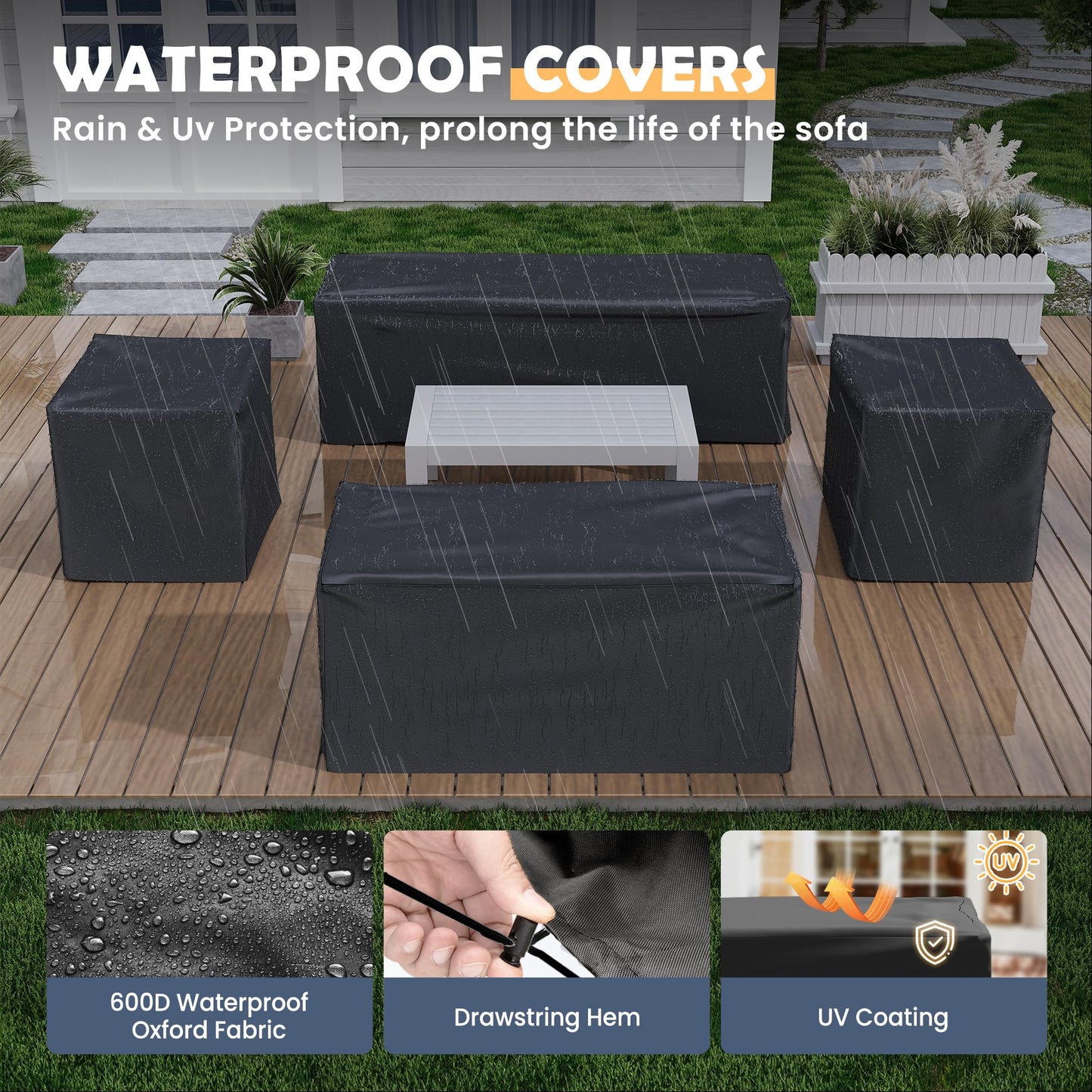 Amopatio Aluminum Patio Furniture Set, 6 Pieces Modern Outdoor Furniture | Outdoor Sectional with Coffee Table, Included Waterproof Covers, for Balcony, Garden, White&Blue