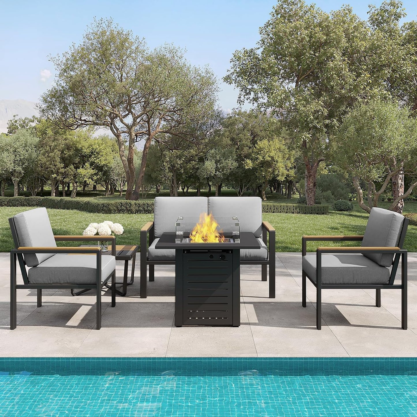 5-Piece Patio Furniture Set with 28” Propane Fire Pit Table, Heavy-Duty Metal Outdoor Conversation Set with Deep Cushions & Wood-Like Armrests for Patio, Porch, Backyard, Garden – Grey