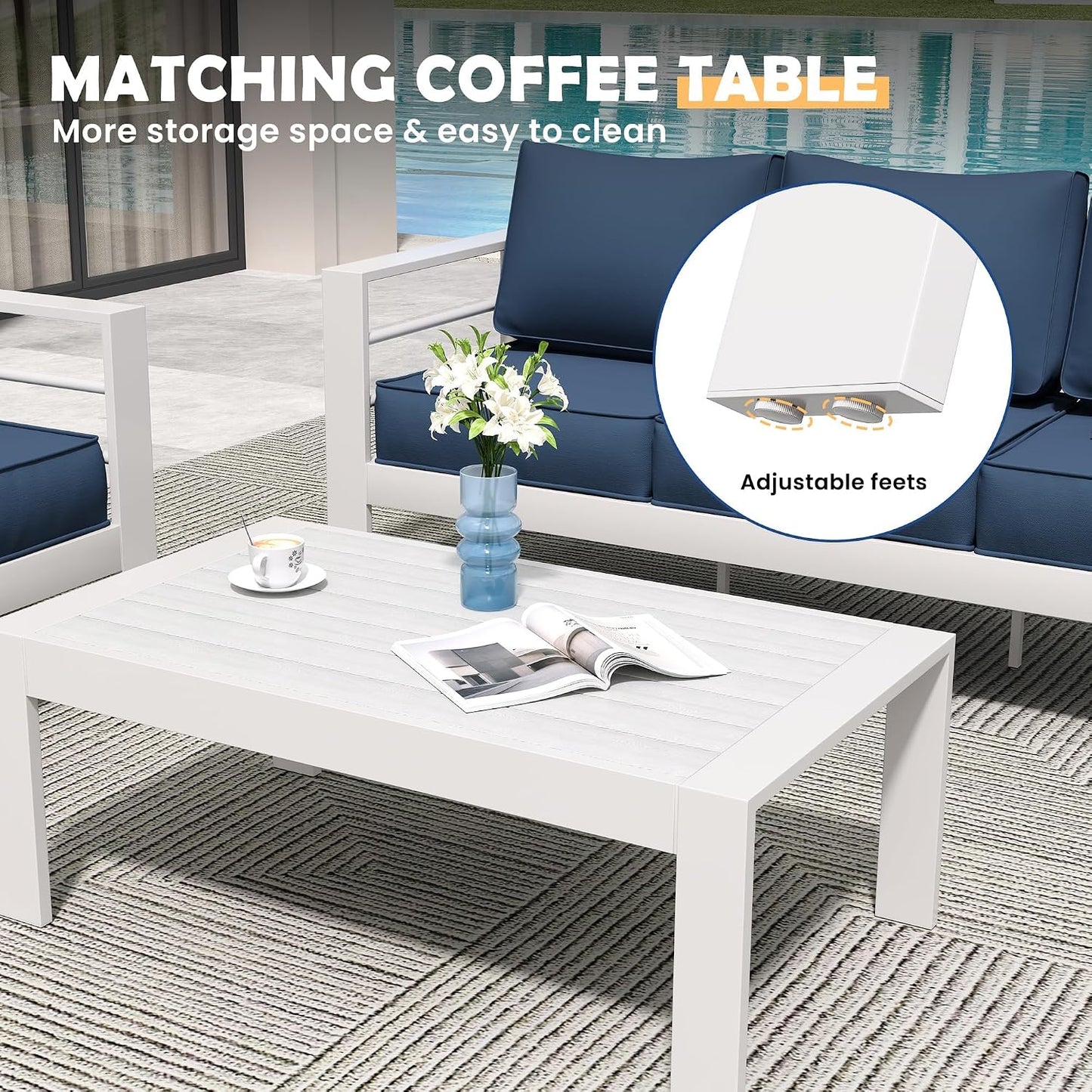 Amopatio Aluminum Patio Furniture Set, 6 Pieces Modern Outdoor Furniture | Outdoor Sectional with Coffee Table, Included Waterproof Covers, for Balcony, Garden, White&Blue