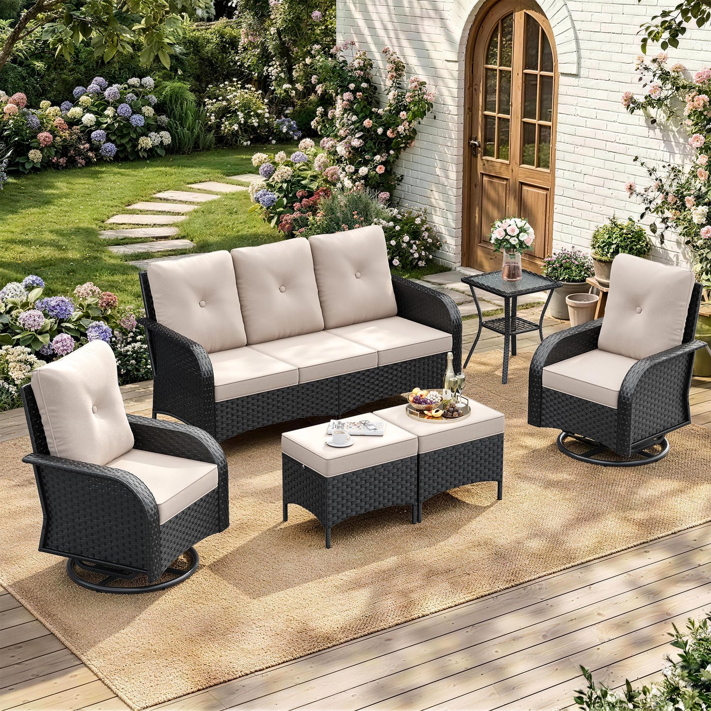 6 Pieces Outdoor Patio Furniture Set, Wicker Swivel Rocker Chairs Sets | Luxury Weather-Resistant High Back Outdoor Sectional Set for Large Deck Yard Poolside Brown Rattan Blue Cushions