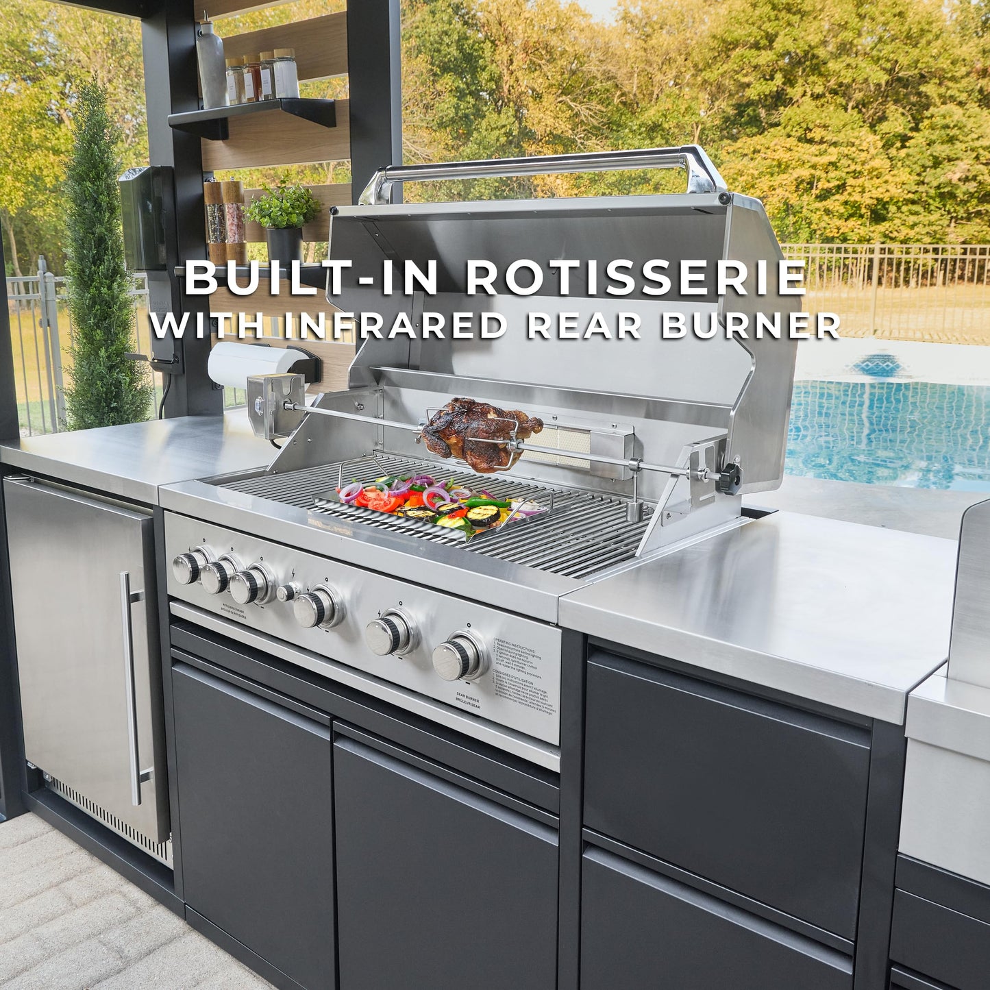 Backyard Discovery Fusion Flame Galvanized Steel Covered Outdoor Kitchen with 5-Burner Stainless, Grill, Refrigerator, Countertop, Storage, and, Roof for All-Season Outdoor Cooking, electric