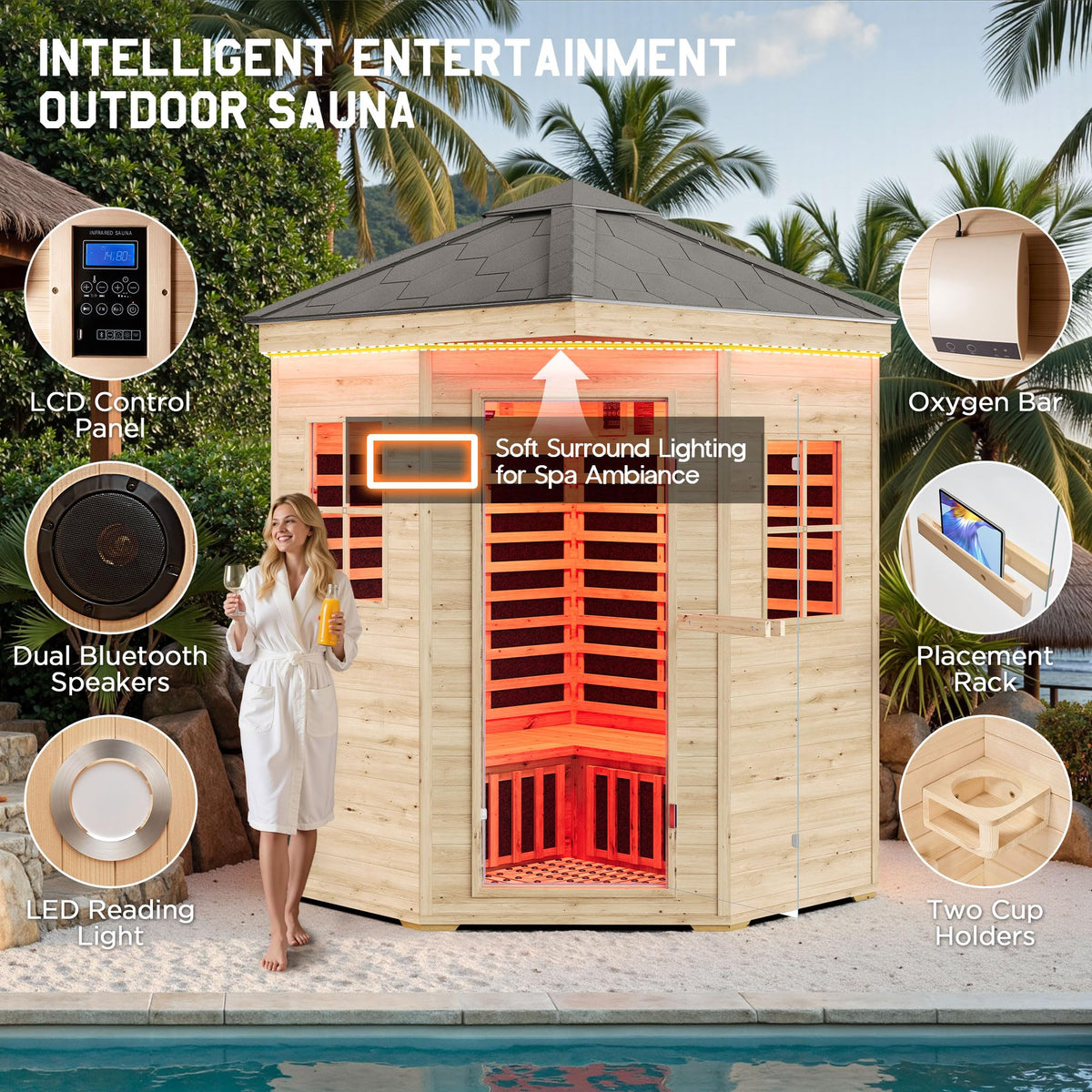 Albott 4 Person Infrared Sauna with 7-Color Light Therapy, Low EMF 2145W