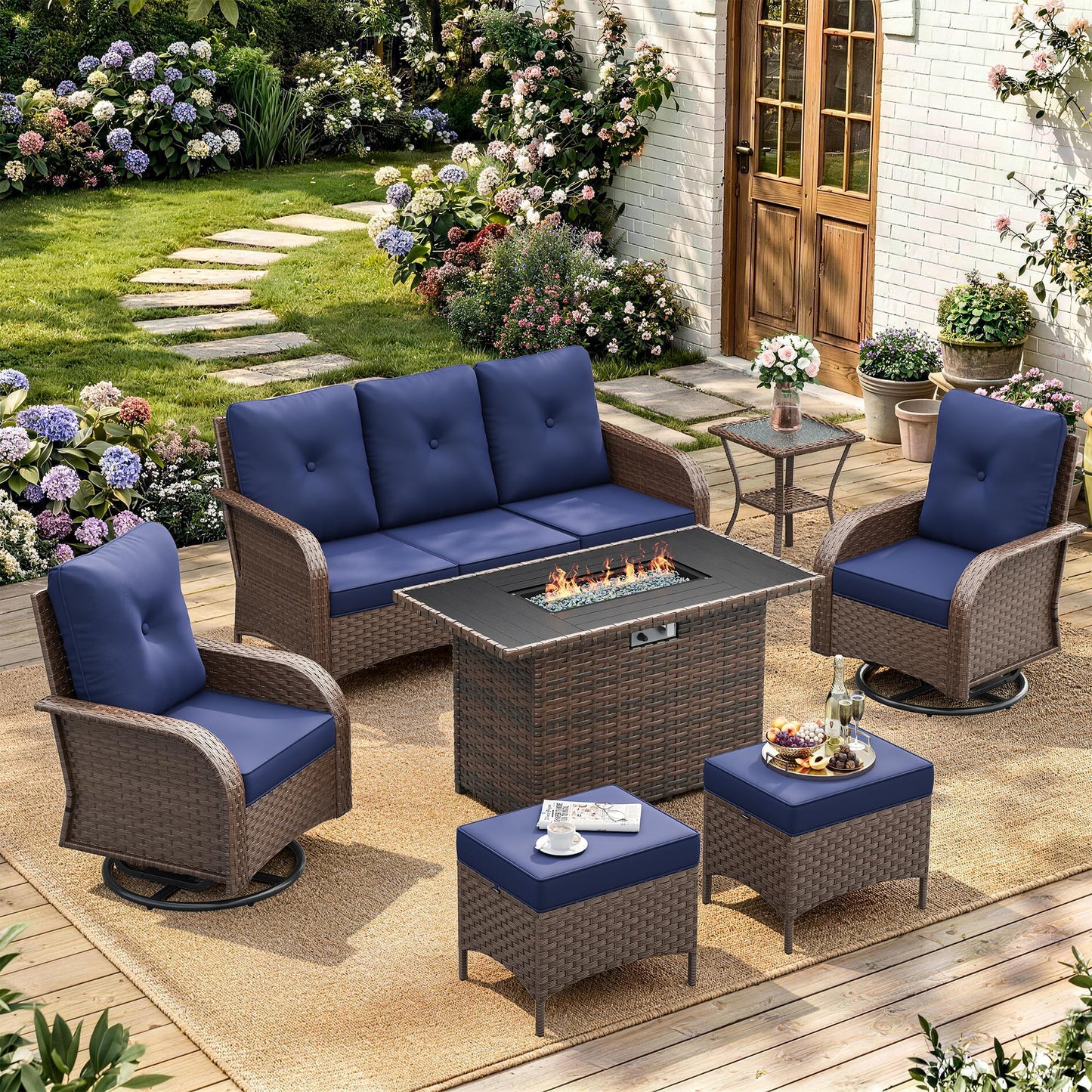 6 Pieces Outdoor Patio Furniture Set, Wicker Swivel Rocker Chairs Sets | Luxury Weather-Resistant High Back Outdoor Sectional Set for Large Deck Yard Poolside Brown Rattan Blue Cushions
