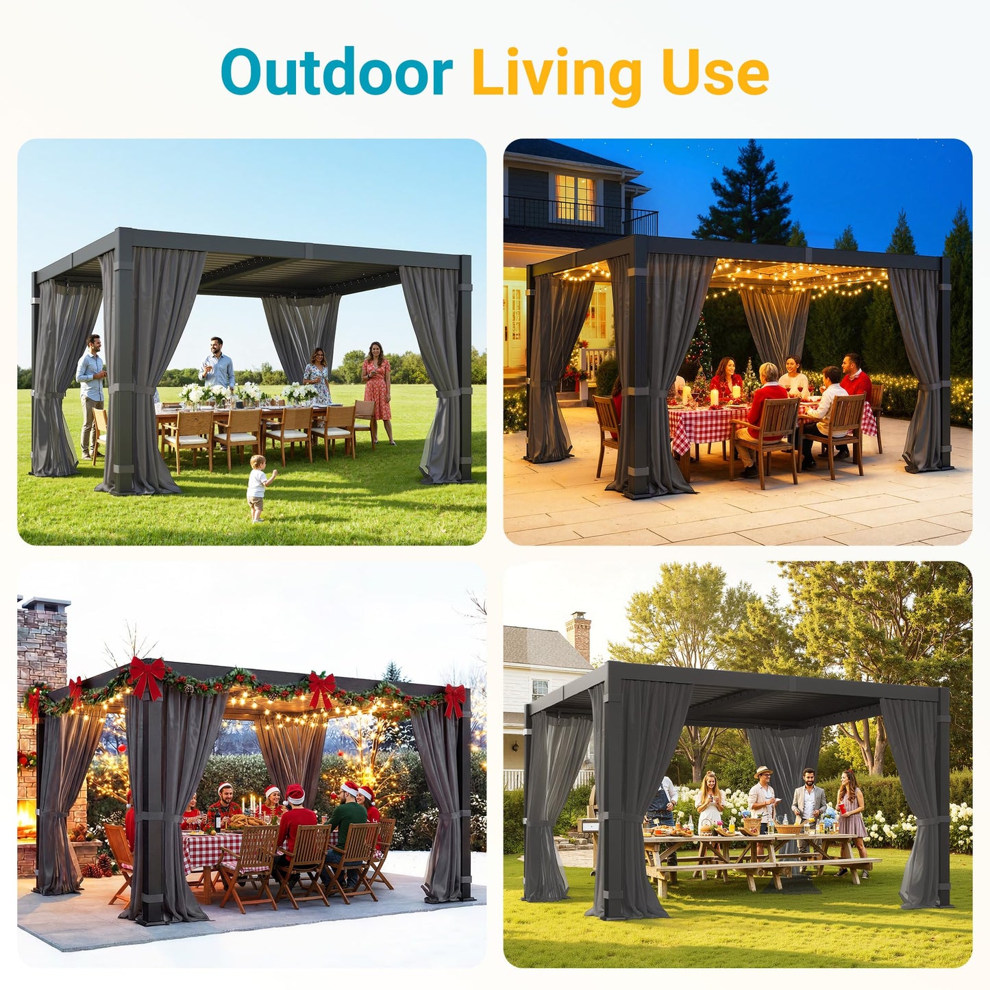 12' x 16' Pergola with Curtain & Adjustable Roof & Aluminum Frame for Patio | Louvered Pergola, Patio Pergola with Netting & Gutter System, Outdoor Pergola, Hardtop Gazebo for Deck, Yard, Dark Gray