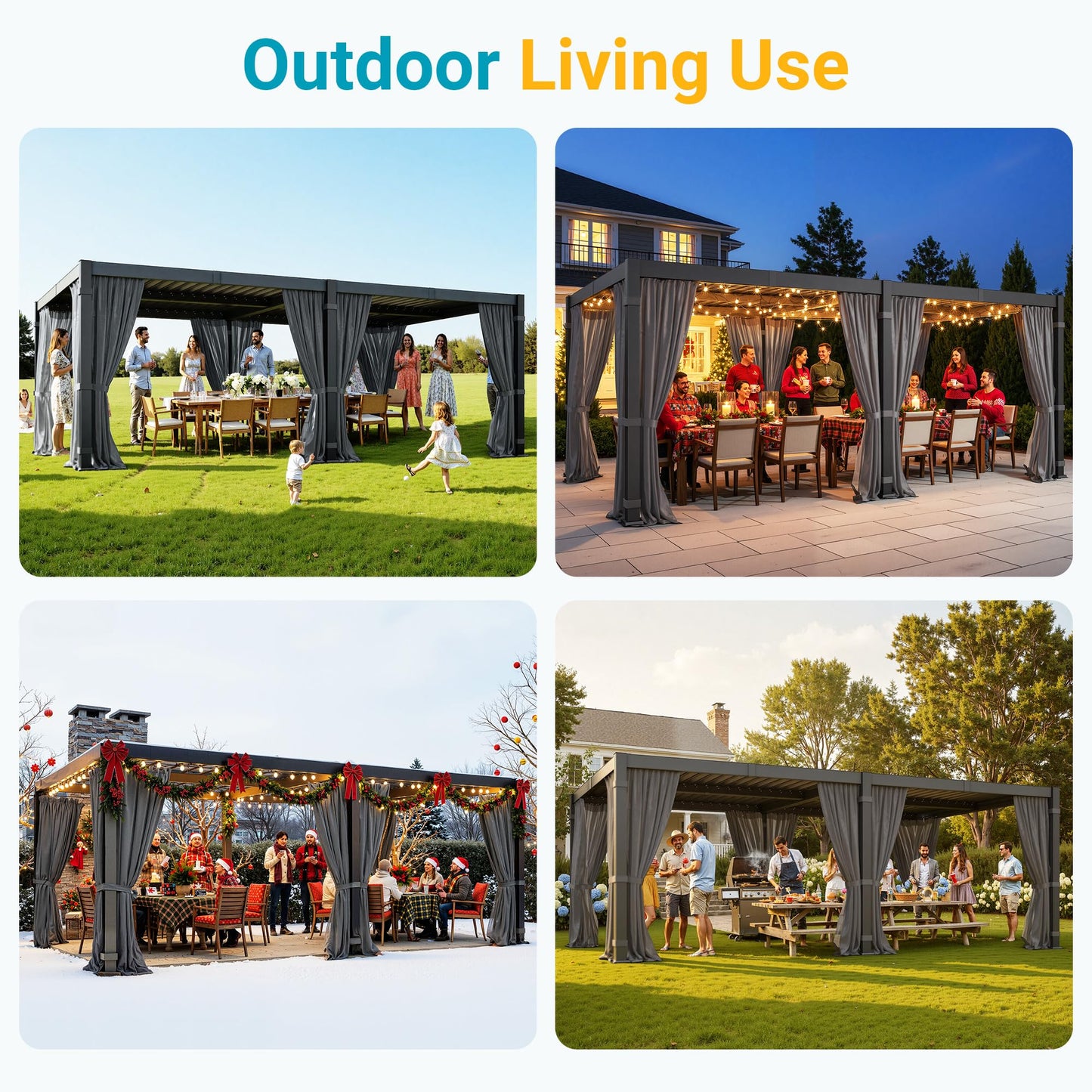 12' x 16' Pergola with Curtain & Adjustable Roof & Aluminum Frame for Patio | Louvered Pergola, Patio Pergola with Netting & Gutter System, Outdoor Pergola, Hardtop Gazebo for Deck, Yard, Dark Gray