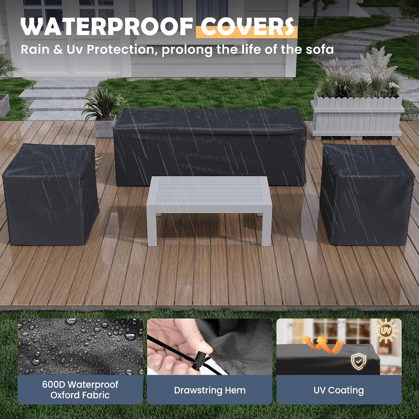Amopatio Aluminum Patio Furniture Set, 6 Pieces Modern Outdoor Furniture | Outdoor Sectional with Coffee Table, Included Waterproof Covers, for Balcony, Garden, White&Blue