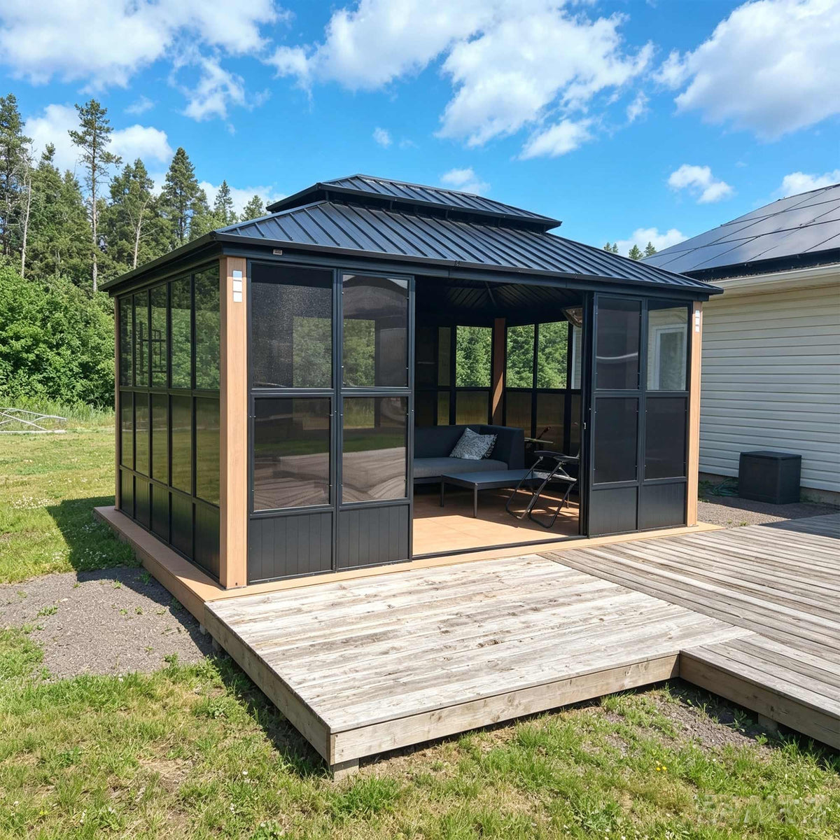 PURPLE LEAF Sunroom 12' x 14' Solarium Double Roof Gazebo, Sliding Doors