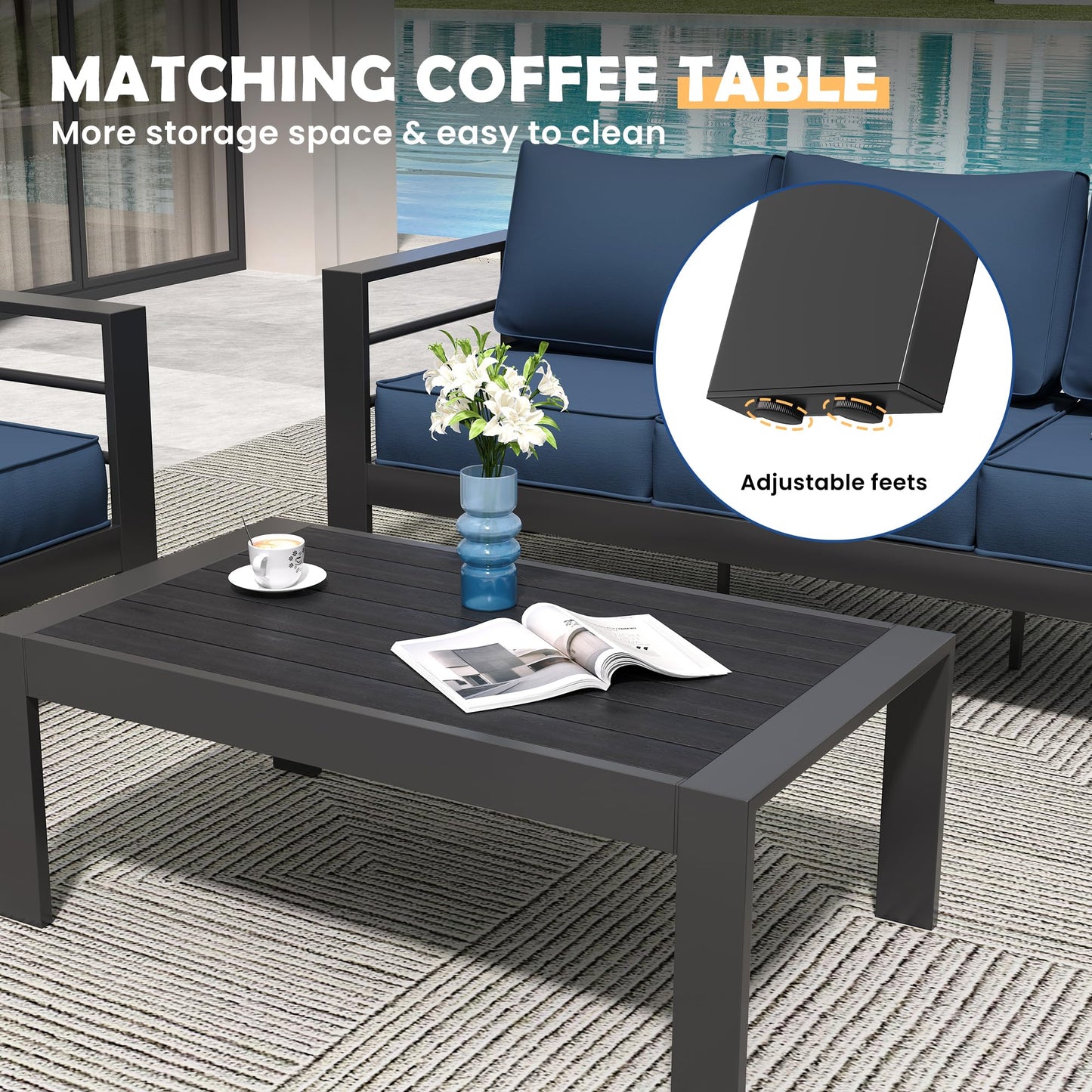 Amopatio Aluminum Patio Furniture Set, 6 Pieces Modern Outdoor Furniture | Outdoor Sectional with Coffee Table, Included Waterproof Covers, for Balcony, Garden, White&Blue