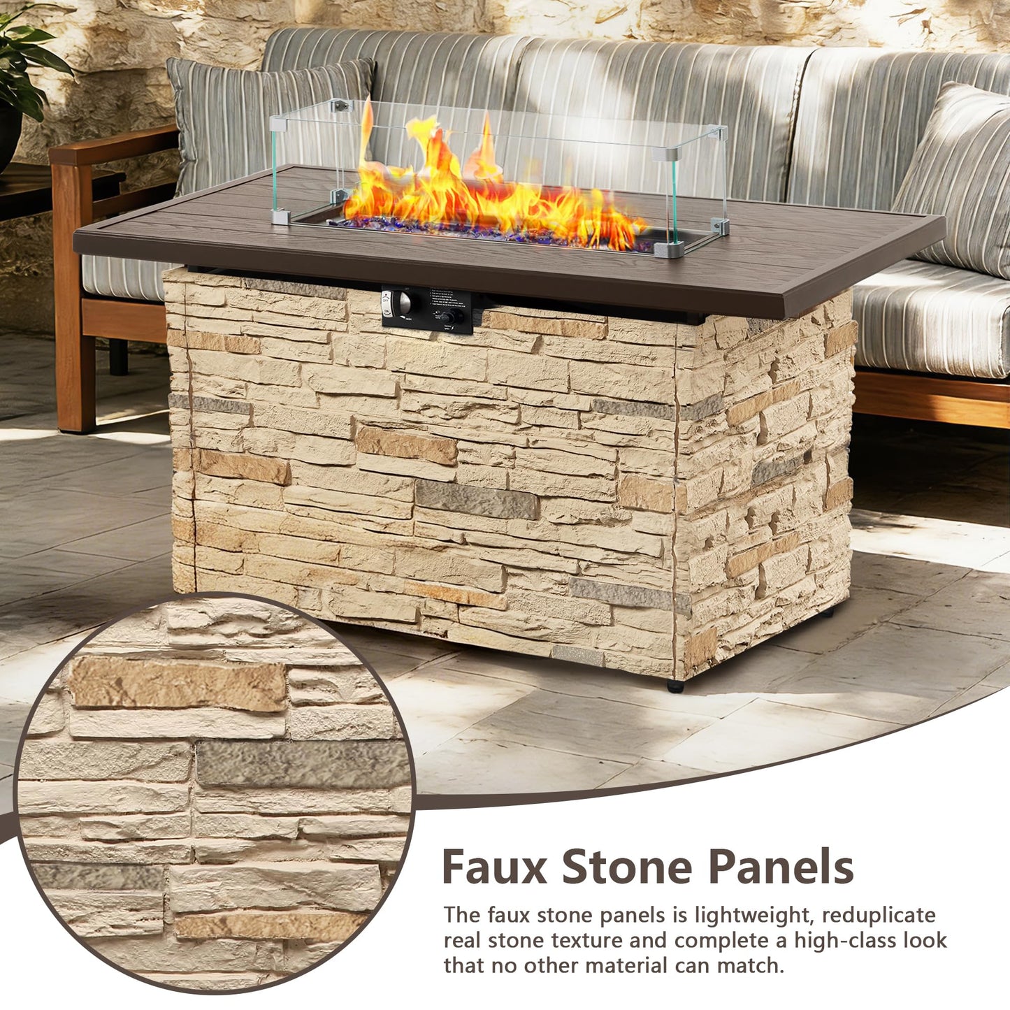 43 Inch Outdoor Firepit Table 50,000 BTU Propane Gas Fire Pit | Rectangle Stone Fire Table with Glass Wind Guard, Rain Cover, Fire Stones and Removable Lid, CSA Certified (Brown)