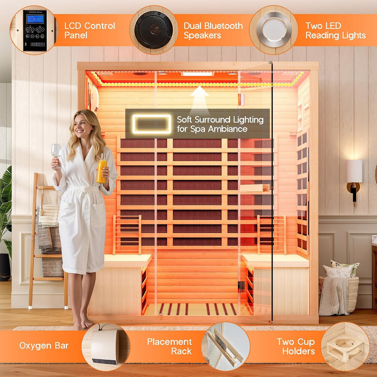 Albott 4 Person Infrared Sauna with 7-Color Light Therapy, Low EMF 2145W