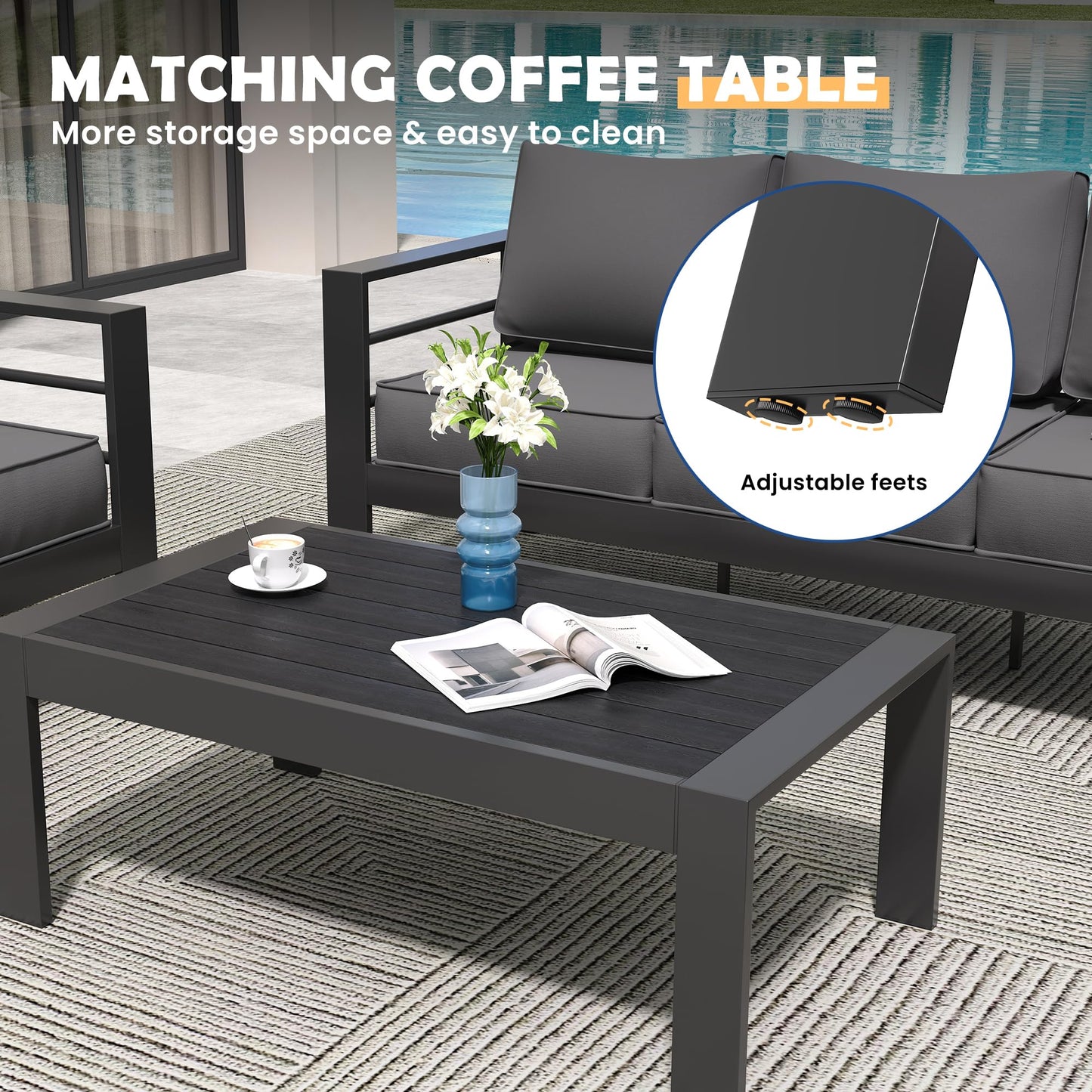Amopatio Aluminum Patio Furniture Set, 6 Pieces Modern Outdoor Furniture | Outdoor Sectional with Coffee Table, Included Waterproof Covers, for Balcony, Garden, White&Blue