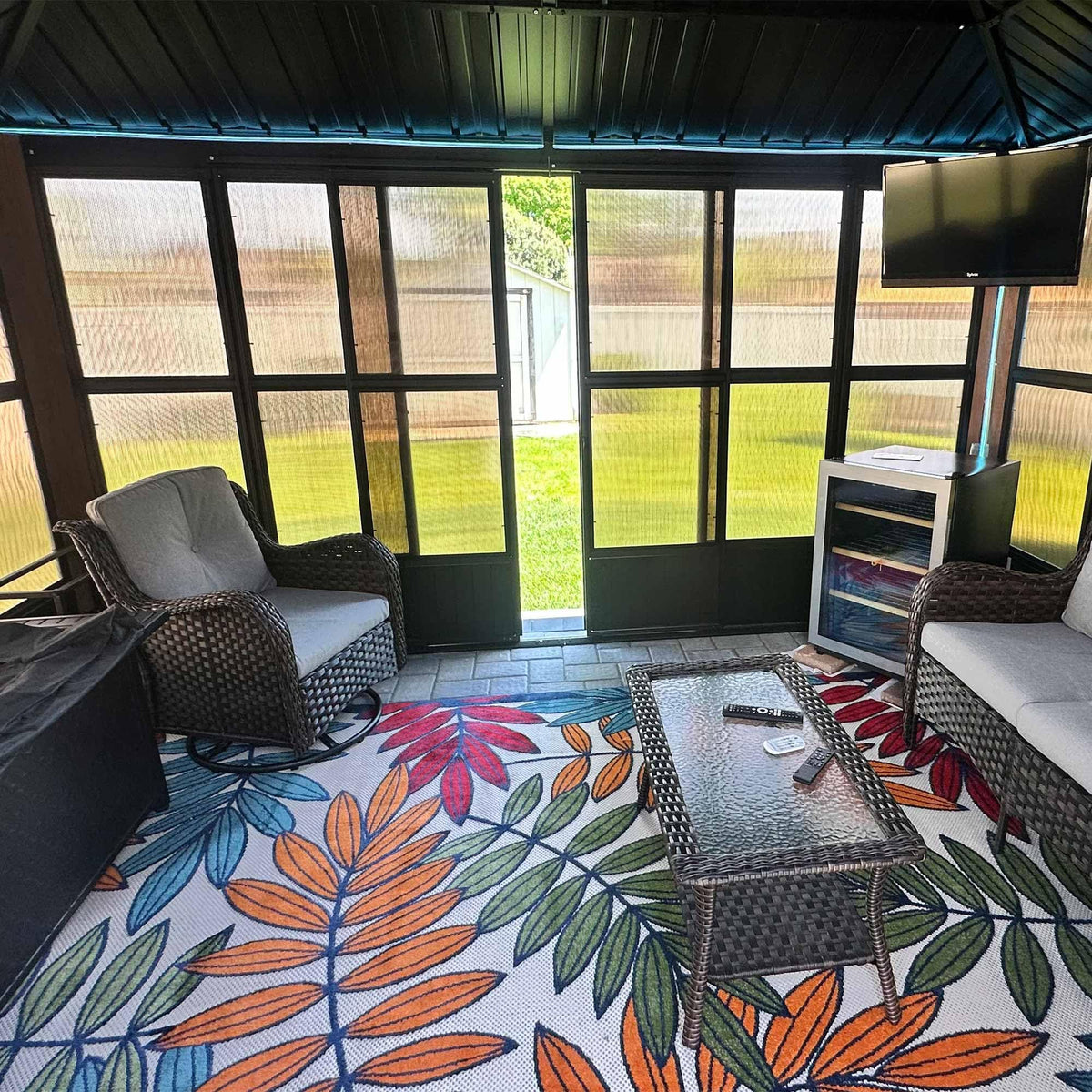 PURPLE LEAF Sunroom 12' x 14' Solarium Double Roof Gazebo, Sliding Doors