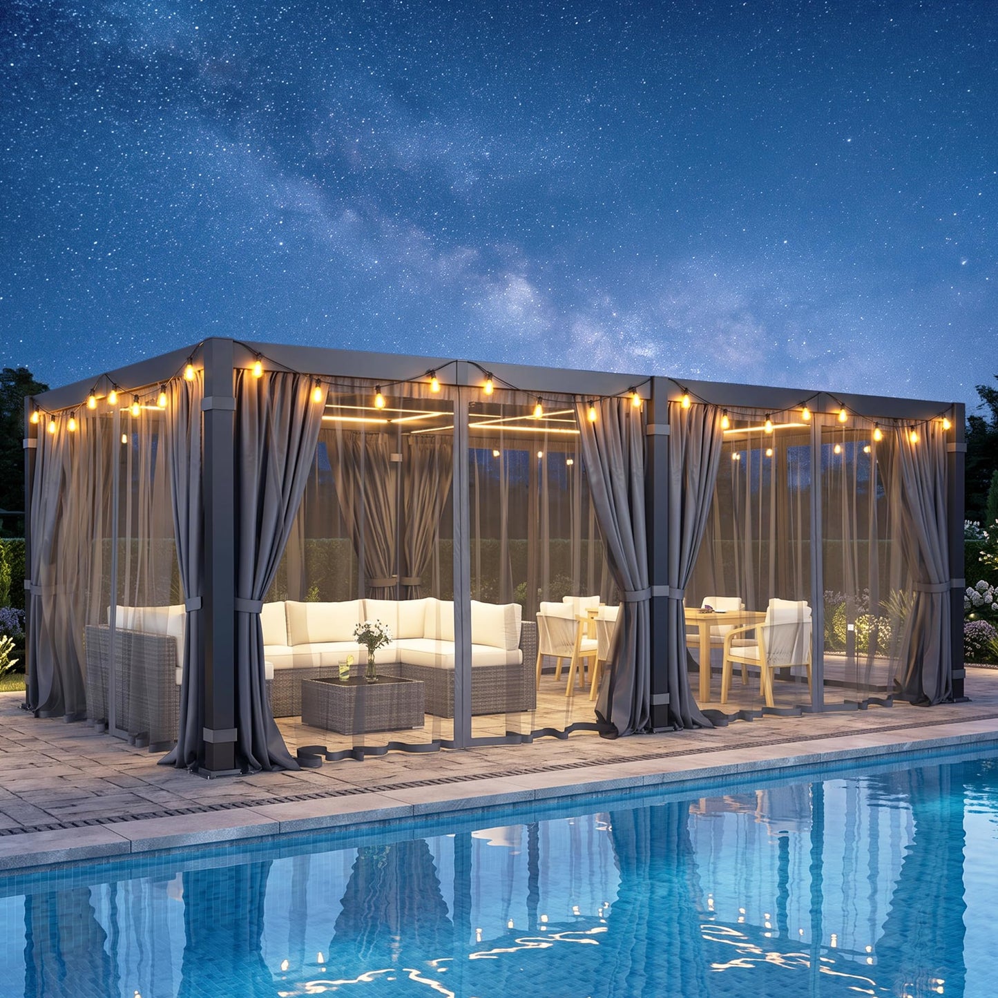 12' x 16' Pergola with Curtain & Adjustable Roof & Aluminum Frame for Patio | Louvered Pergola, Patio Pergola with Netting & Gutter System, Outdoor Pergola, Hardtop Gazebo for Deck, Yard, Dark Gray