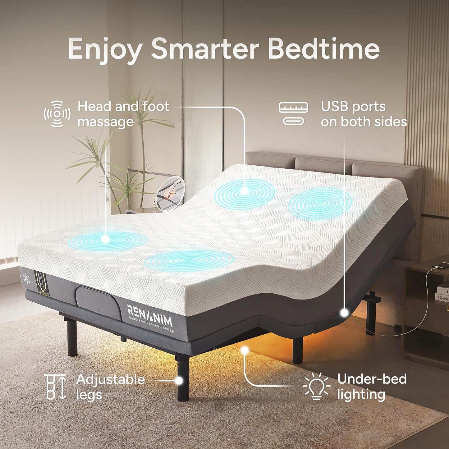 SF Full Size Adjustable Bed Frame with Mattress - 12" Hybrid Memory Foam - Electric Massage - Wireless Remote for Head & Foot Incline - Zero Gravity - Underbed Night Lights & 4 USB Ports