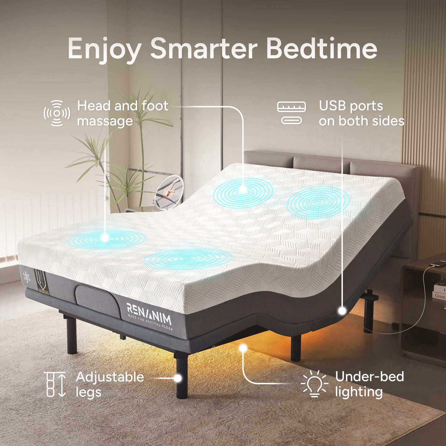 SF Full Size Adjustable Bed Frame with Mattress - 12" Hybrid Memory Foam - Electric Massage - Wireless Remote for Head & Foot Incline - Zero Gravity - Underbed Night Lights & 4 USB Ports