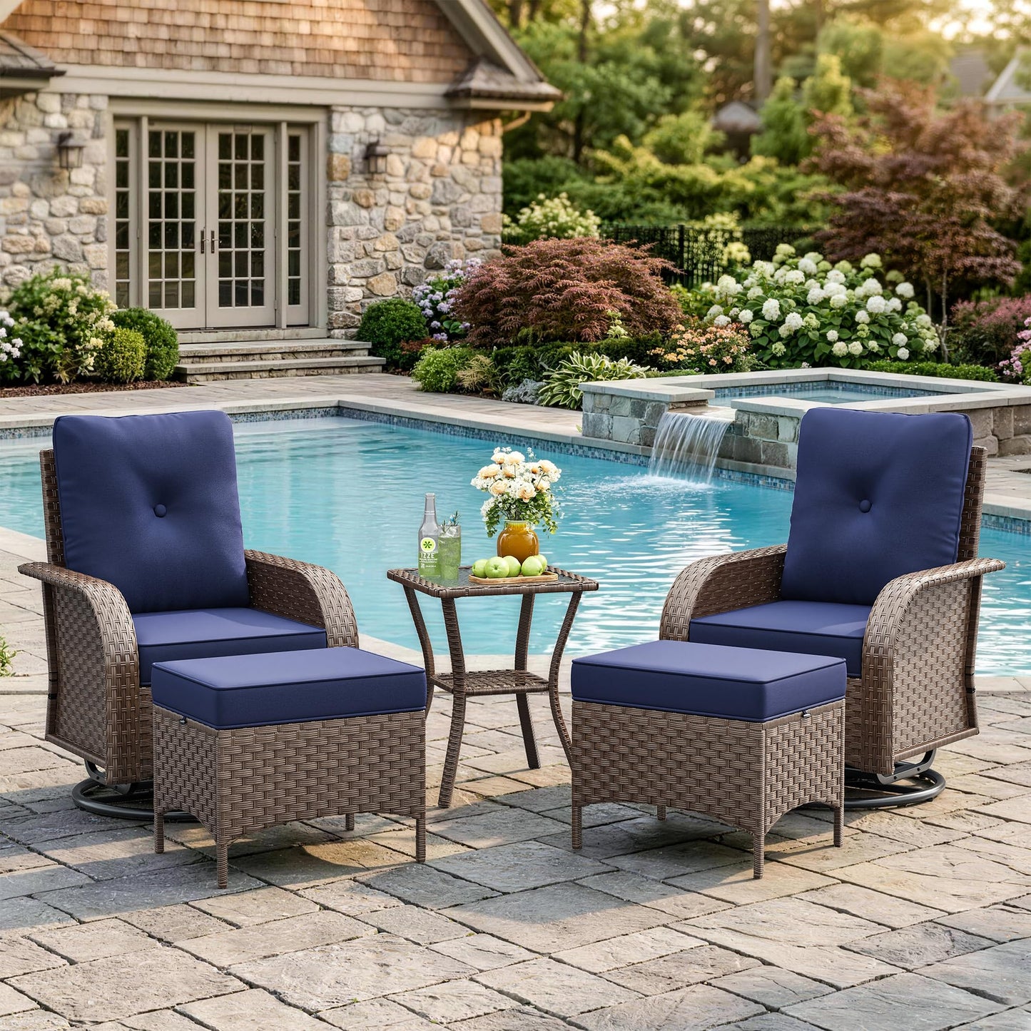 6 Pieces Outdoor Patio Furniture Set, Wicker Swivel Rocker Chairs Sets | Luxury Weather-Resistant High Back Outdoor Sectional Set for Large Deck Yard Poolside Brown Rattan Blue Cushions