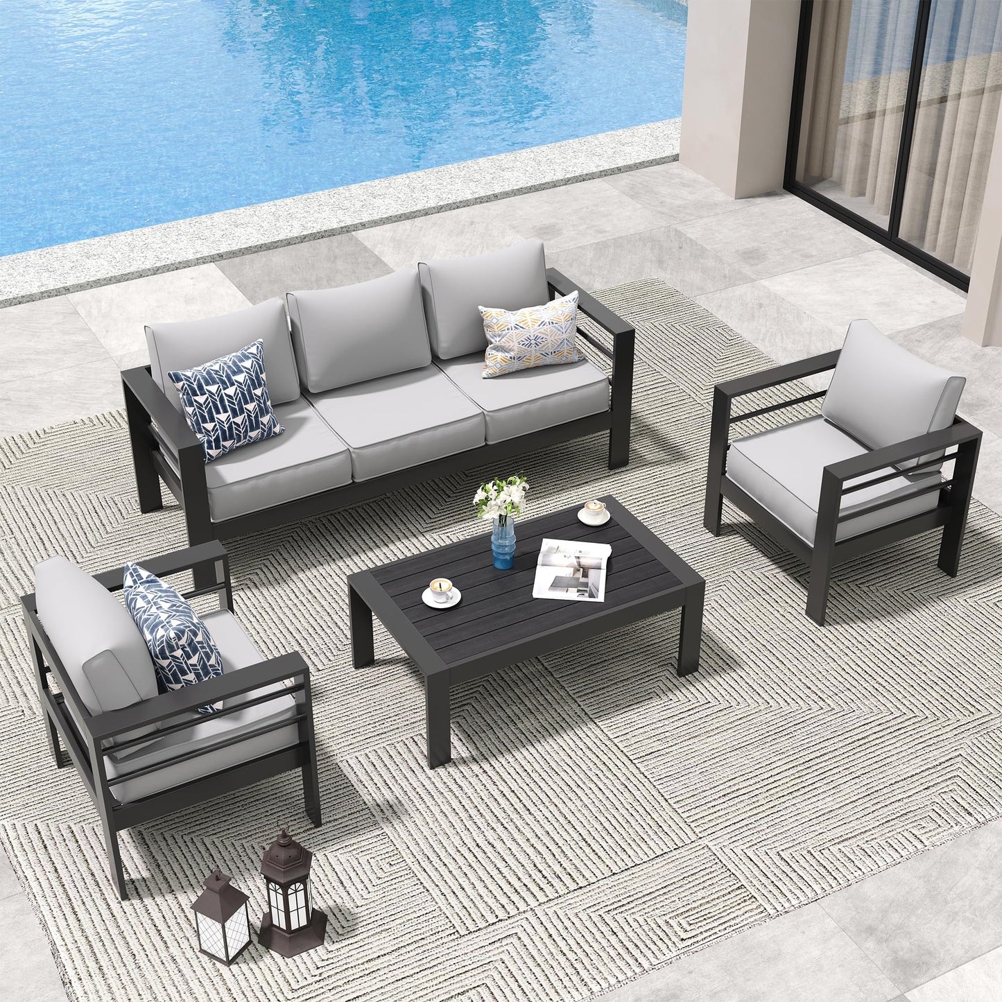 Amopatio Aluminum Patio Furniture Set, 6 Pieces Modern Outdoor Furniture | Outdoor Sectional with Coffee Table, Included Waterproof Covers, for Balcony, Garden, White&Blue