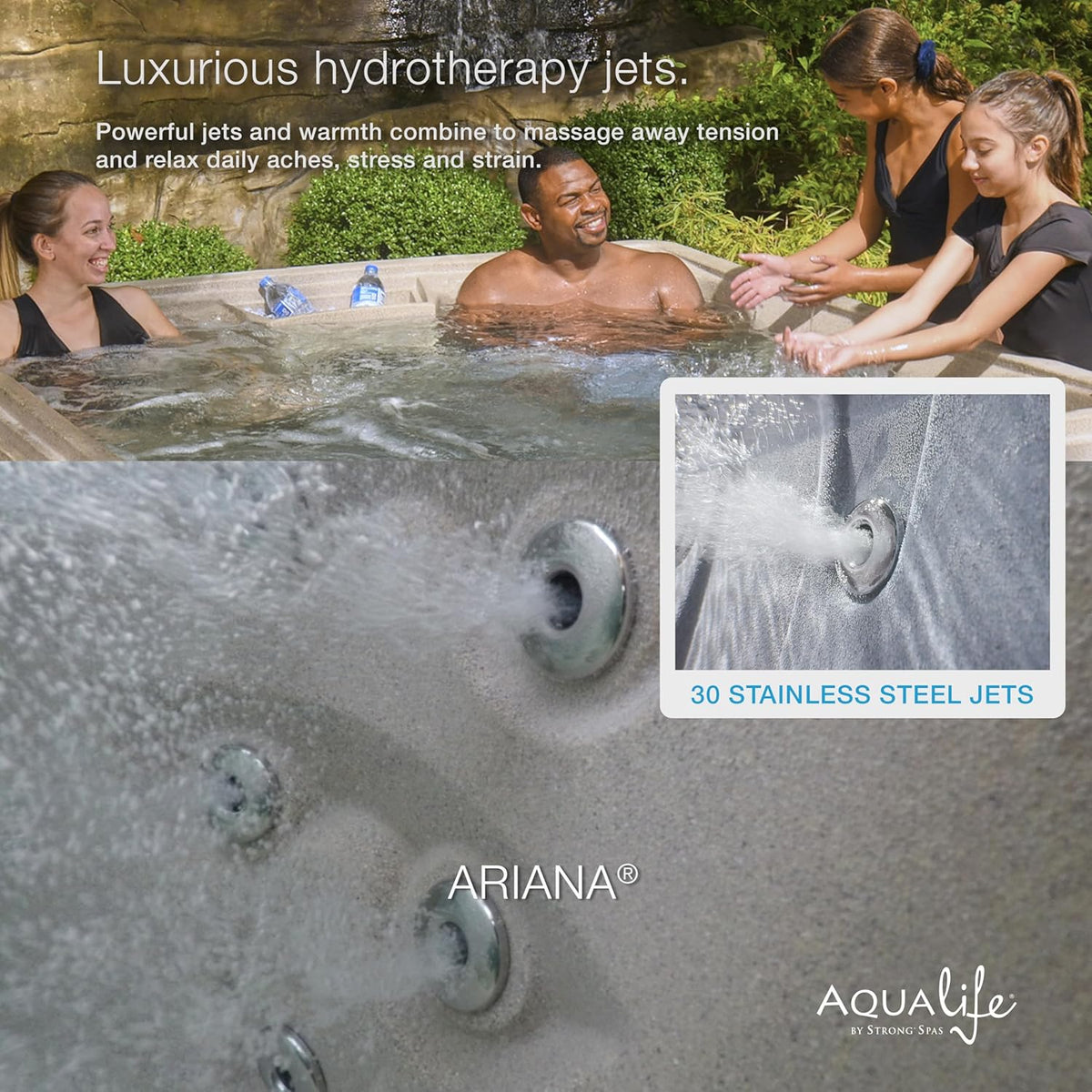 Ariana Outdoor Hot Tub, 6 Person Therapeutic Spa, 30 Jets, Underwater LED Lighting System, Insulated Spa Cover, Aqualife by Strong Spas