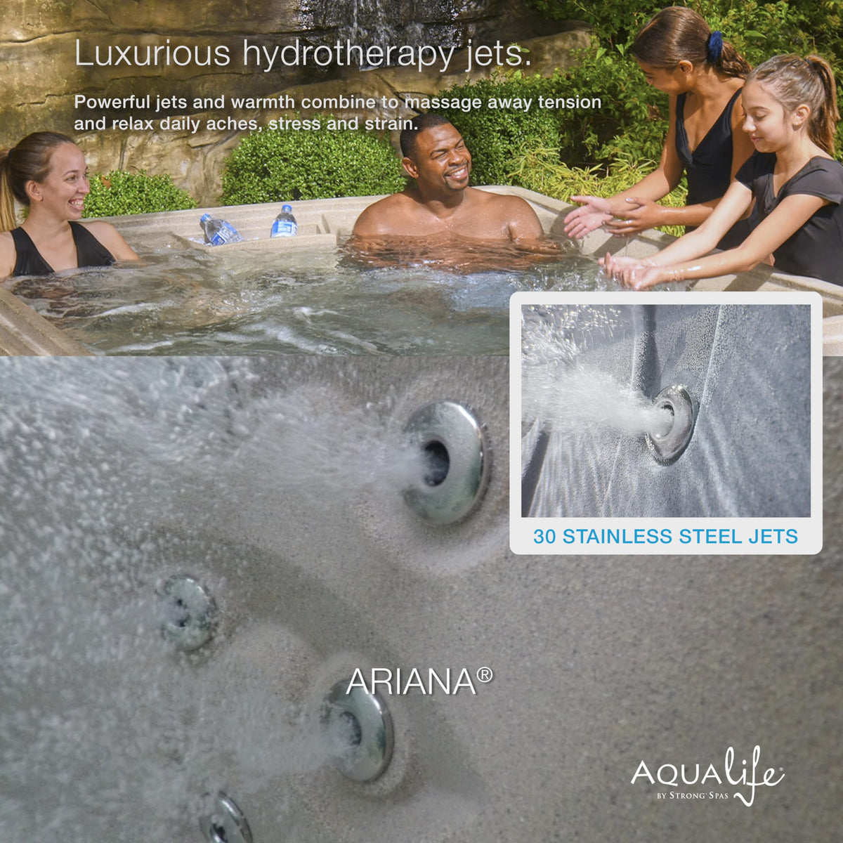 Ariana Outdoor Hot Tub, 6 Person Therapeutic Spa, 30 Jets, Underwater LED Lighting System, Insulated Spa Cover, Aqualife by Strong Spas