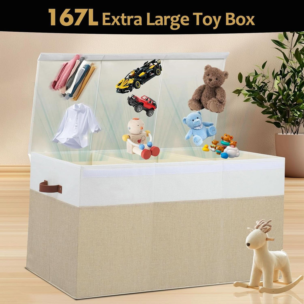 Extra-Large Fabric Storage Bin with Dividers, Beige & White