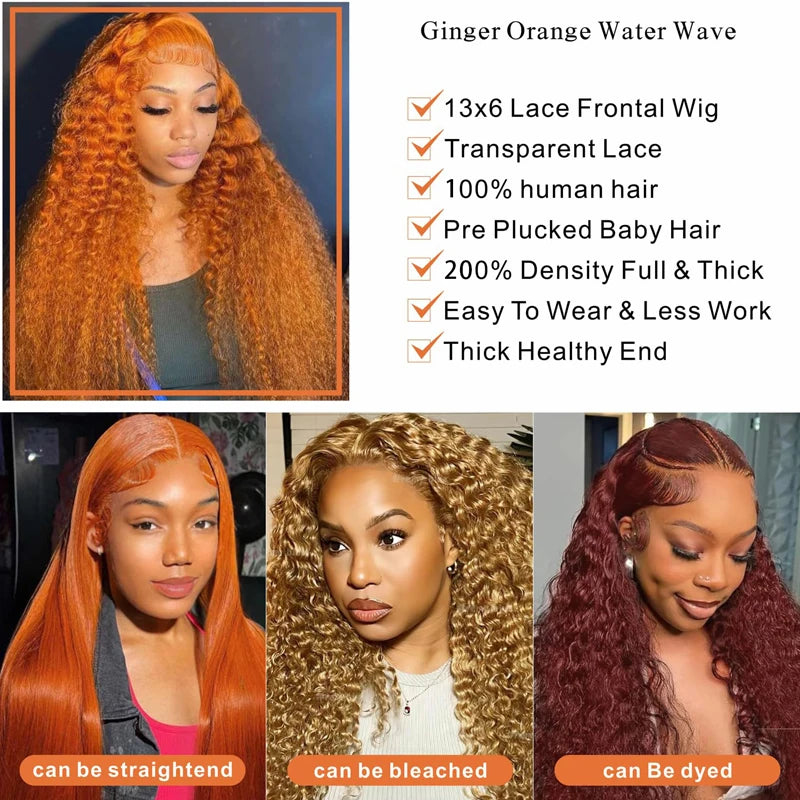Ginger Orange Water Wave  Lace Front Wig Human Hair
