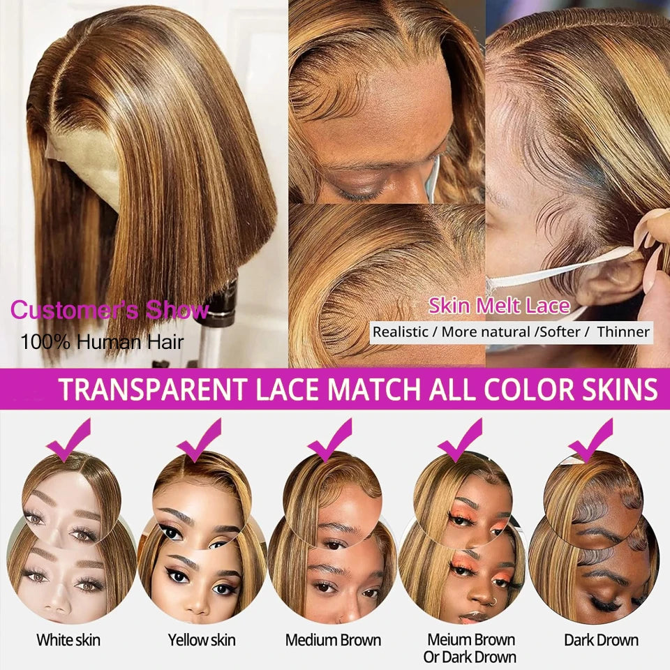 Highlight Straight Bob Wig 100% Human Hair 13x4 Lace Front Wig Glueless