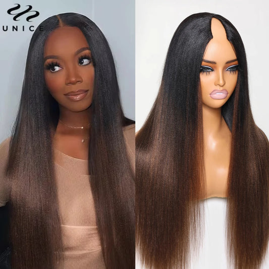 Straight V Part Wig Ombre Brown Color 100% Human Hair Wig