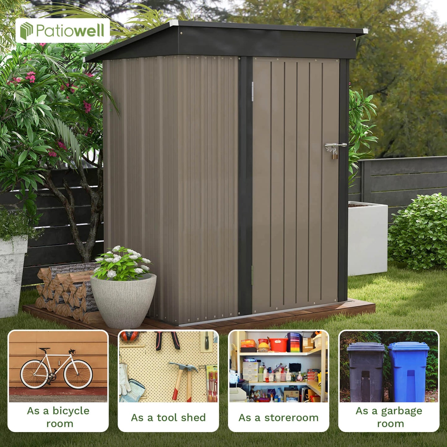 5x3 FT Outdoor Storage Shed, Tool Shed with Sloping Roof and  Doors Lockable