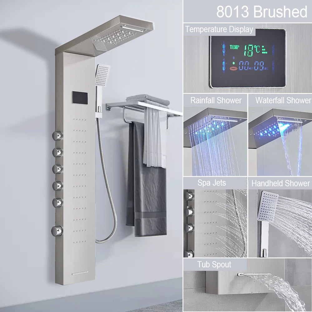 LED Light Shower Panel Waterfall Rain Digital Display Shower Faucet Set