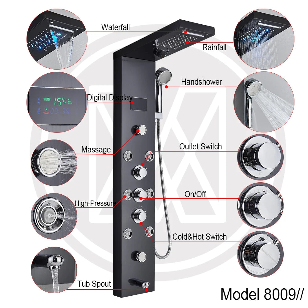 LED Light Shower Panel Waterfall Rain Digital Display Shower Faucet Set