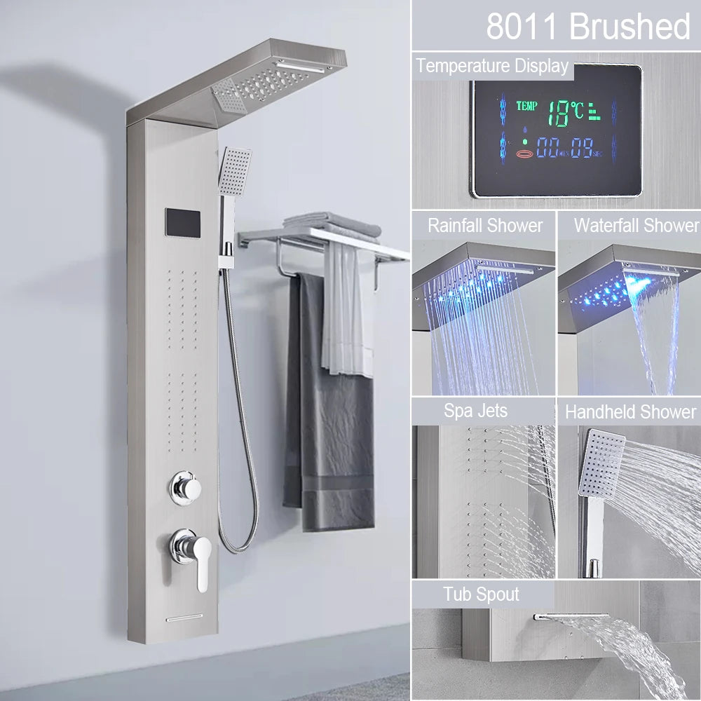 LED Light Shower Panel Waterfall Rain Digital Display Shower Faucet Set