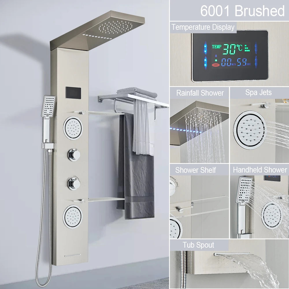 LED Light Shower Panel Waterfall Rain Digital Display Shower Faucet Set