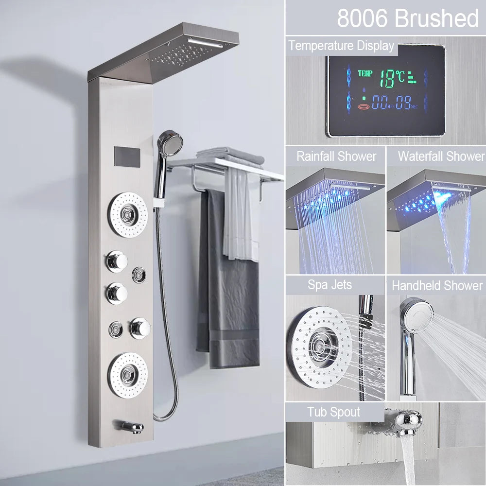 LED Light Shower Panel Waterfall Rain Digital Display Shower Faucet Set
