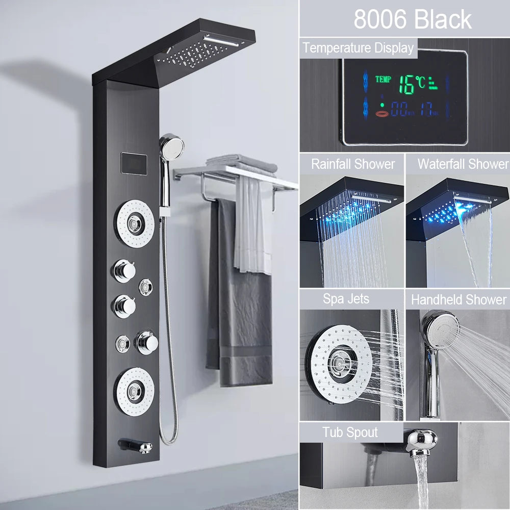 LED Light Shower Panel Waterfall Rain Digital Display Shower Faucet Set