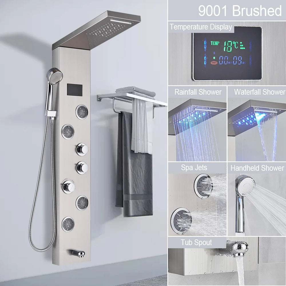 LED Light Shower Panel Waterfall Rain Digital Display Shower Faucet Set