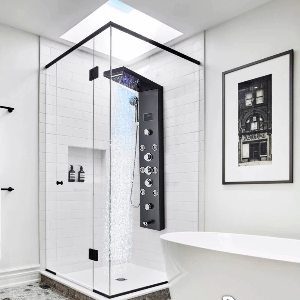 LED Light Shower Panel Waterfall Rain Digital Display Shower Faucet Set