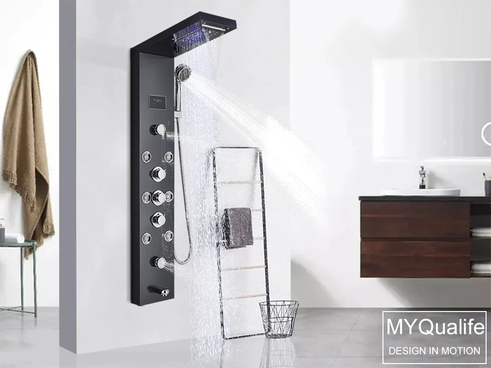LED Light Shower Panel Waterfall Rain Digital Display Shower Faucet Set