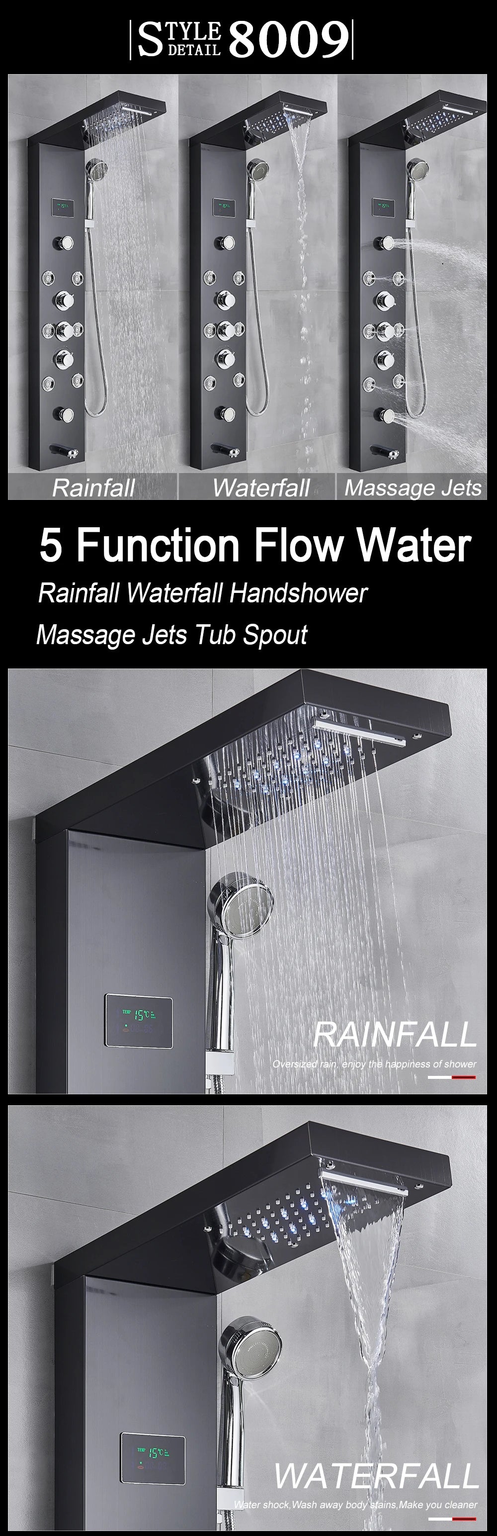LED Light Shower Panel Waterfall Rain Digital Display Shower Faucet Set