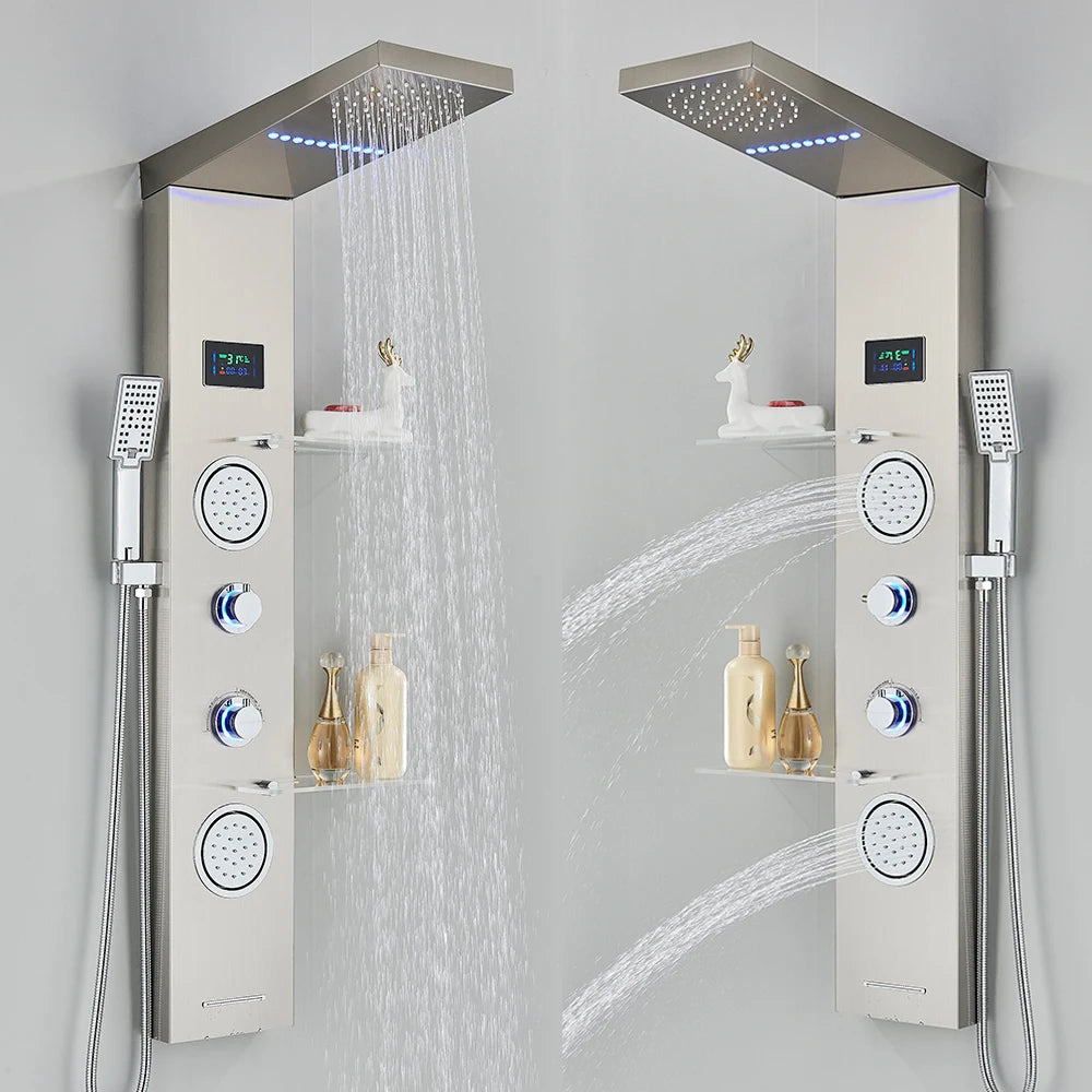 LED Light Shower Panel Waterfall Rain Digital Display Shower Faucet Set
