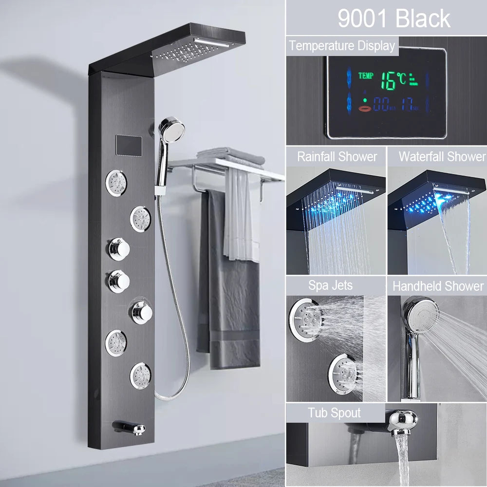 LED Light Shower Panel Waterfall Rain Digital Display Shower Faucet Set