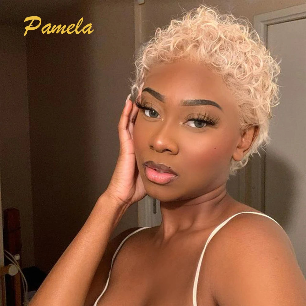 Pixie Cut Curly Bob Wig 613 Blonde & Honey Blonde Burgundy 13x4 Lace Front Human Hair Wig