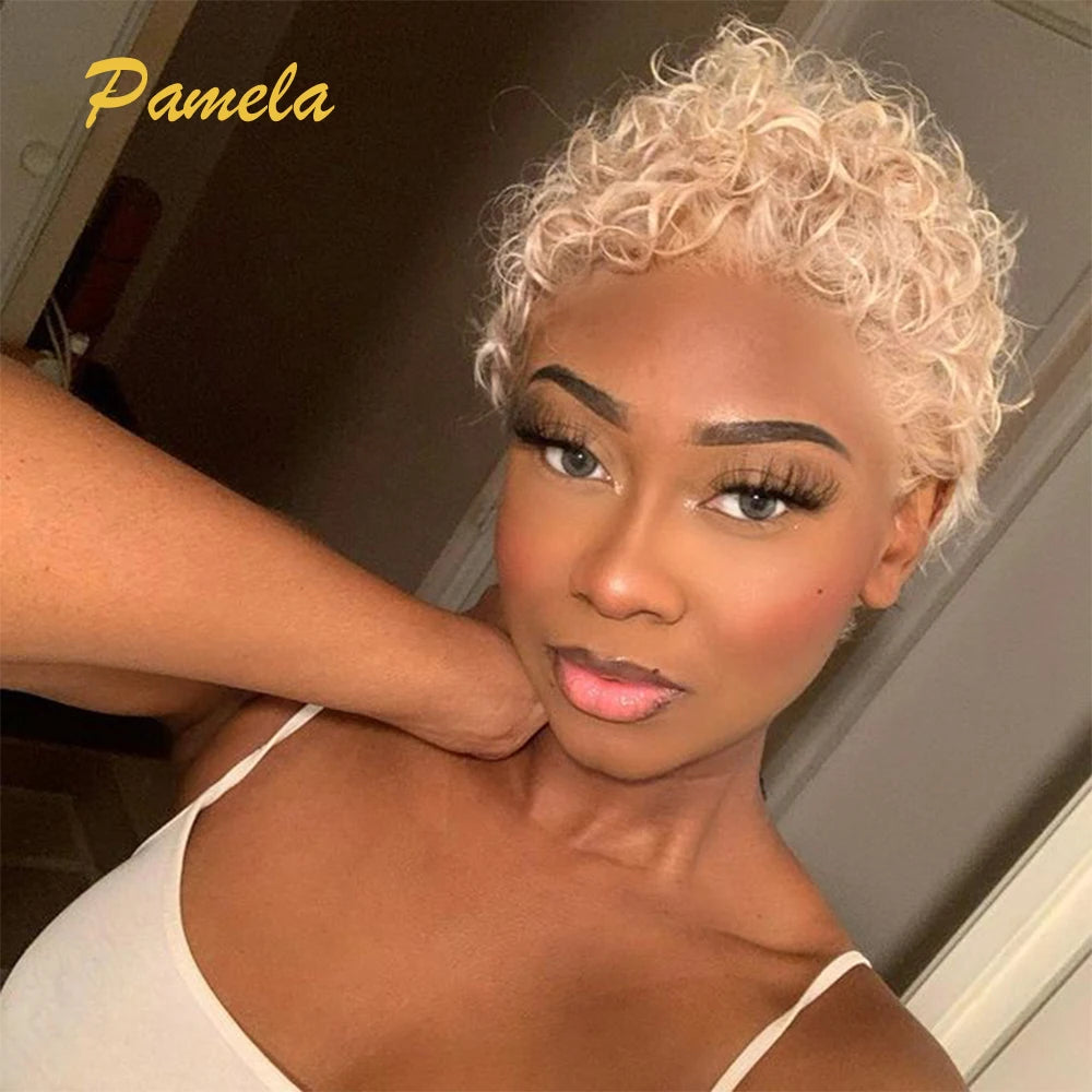 Pixie Cut Curly Bob Wig 613 Blonde & Honey Blonde Burgundy 13x4 Lace Front Human Hair Wig