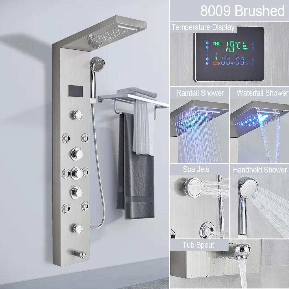 LED Light Shower Panel Waterfall Rain Digital Display Shower Faucet Set
