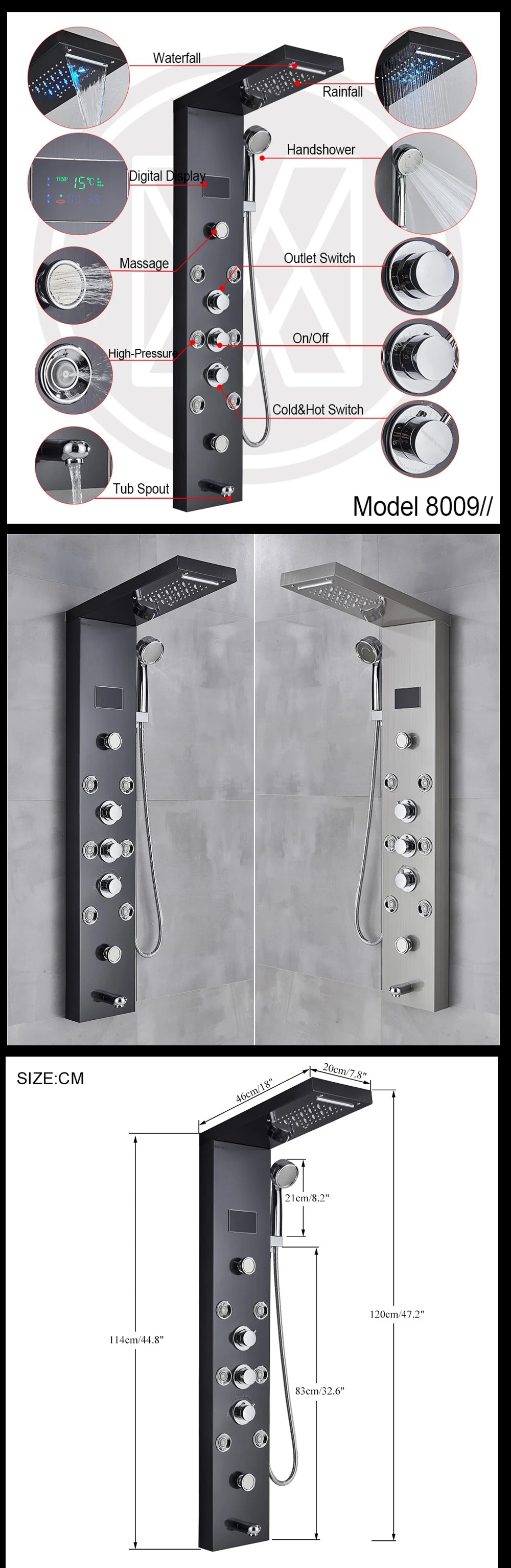 LED Light Shower Panel Waterfall Rain Digital Display Shower Faucet Set