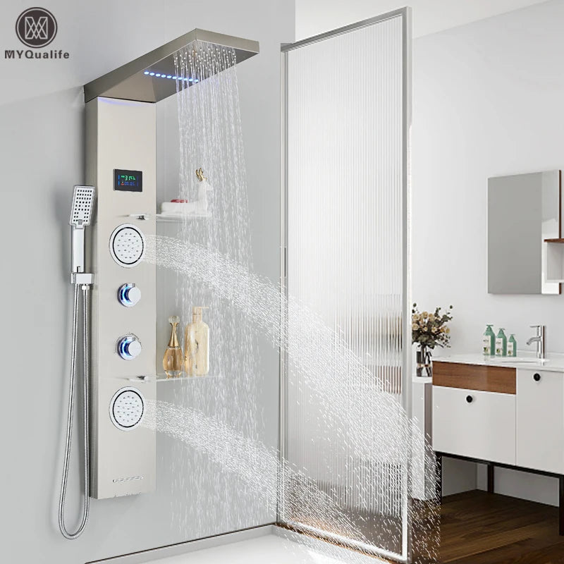 LED Light Shower Panel Waterfall Rain Digital Display Shower Faucet Set